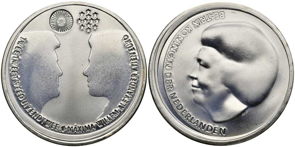 Нидерланды 10 евро 2002 королевская свадьба Виллема-Александра и принцессы Максимы KM 243 серебро UNC 650-1114