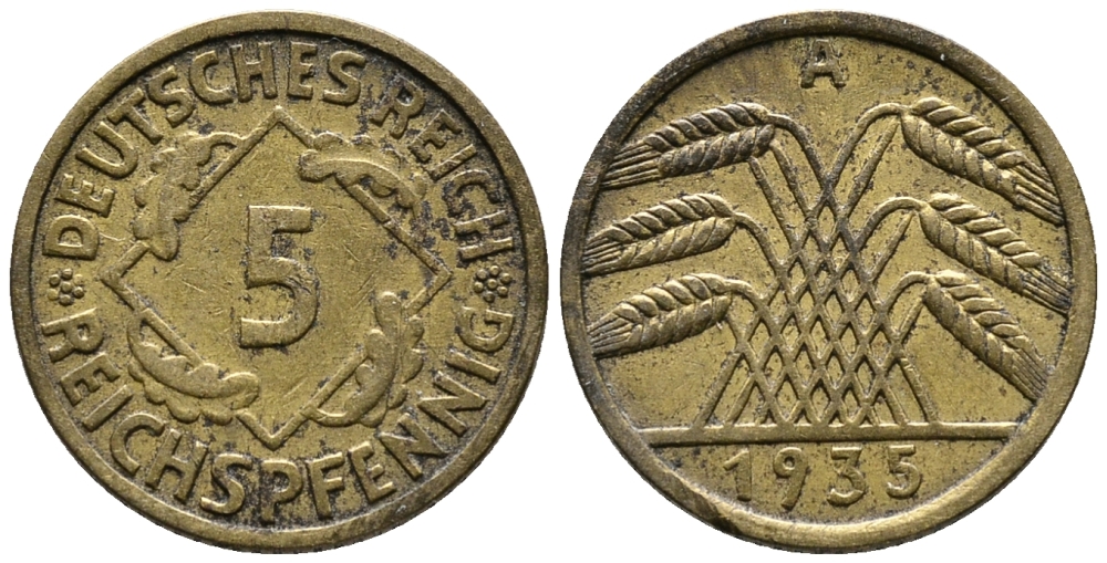 ГЕРМАНИЯ 5 РЕЙХСПФЕННИГОВ 1935 A KM 39, J. 316 алюминиевая бронза 39-611