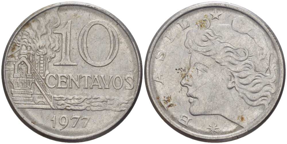БРАЗИЛИЯ 10 СЕНТАВО 1977 РЕФОРМА 1967-1985, ГОЛОВА СВОБОДЫ ВЛЕВО KM 578.1а нержавеющая сталь 37-1212