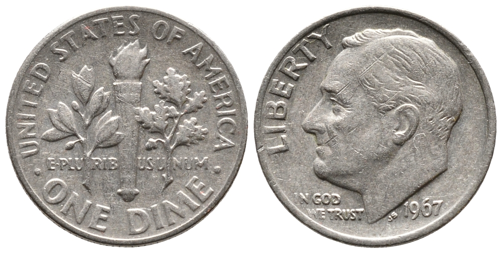 США 10 центов (дайм) 1967 Рузвельт KM 195а медь плакированная медно-никелем 73-212