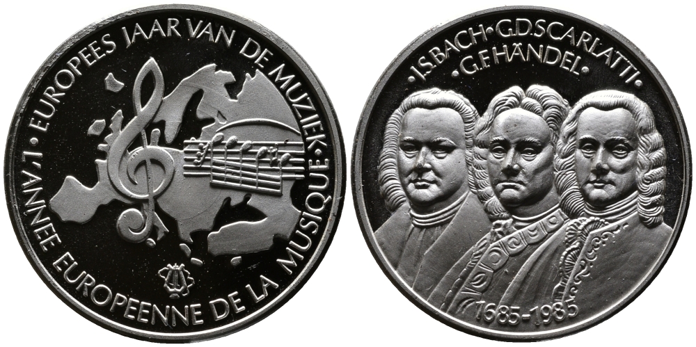 БЕЛЬГИЯ МЕДАЛЬ 1985 МЕЖДУНАРОДНЫЙ ГОД МУЗЫКИ, БАХ, СКАРЛАТТИ, ГЕНДЕЛЬ , ДИАМЕТР 30 ММ., ВЕС 12 ГР. серебро PROOF 00-000-00