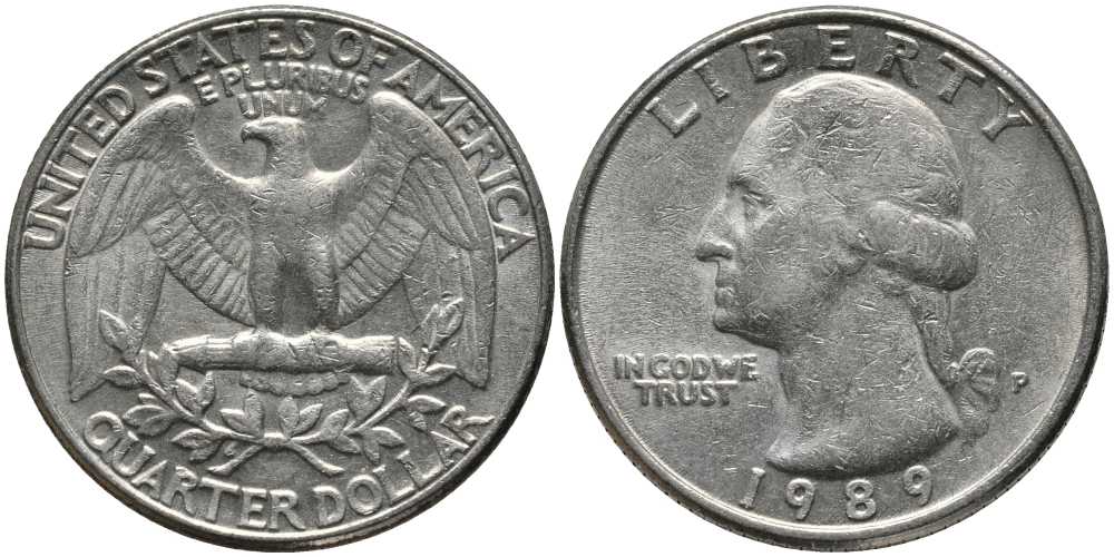 США 25 ЦЕНТОВ = КВОТЕР 1989 P, ВАШИНГТОН KM А164а медь плакированная медно-никелем 113-514