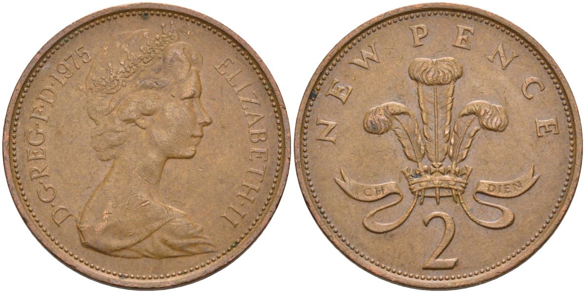 Великобритания 2 пенса 1975 Елизавета II (1952-2022) KM 916, Spink 4235 (C1) бронза 4593-831