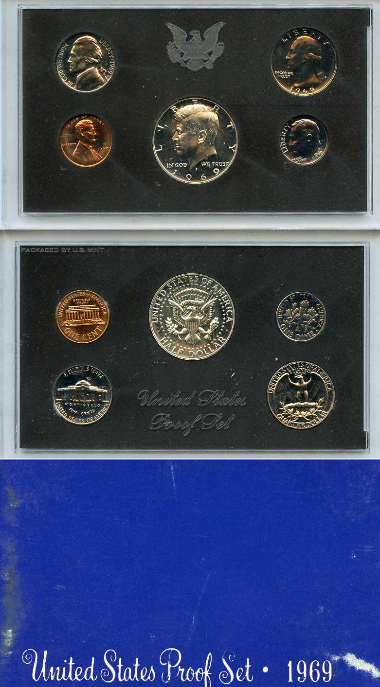 США официальный набор из 5 монет, в пластике 1969 S, Джон Кеннеди, в твердом пластике KM PS 128 серебро  PROOF  8-2-03-03