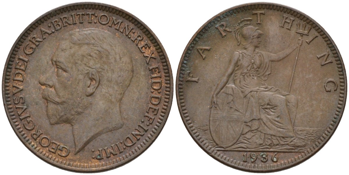 Великобритания 1 фартинг 1936 Георг V (1910-1936) KM 825, Spink 4061 бронза 4596-959