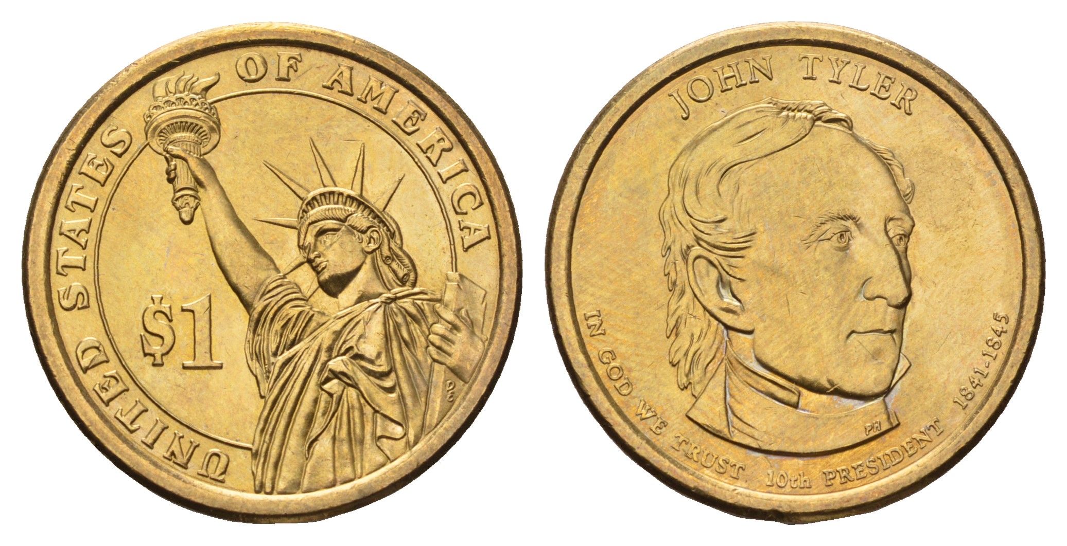 США 1 доллар 2009 D, Президент США - Джон Тайлер (1841-1845) KM 451 медь с марганцево-латунным покрытием UNC 4698-924