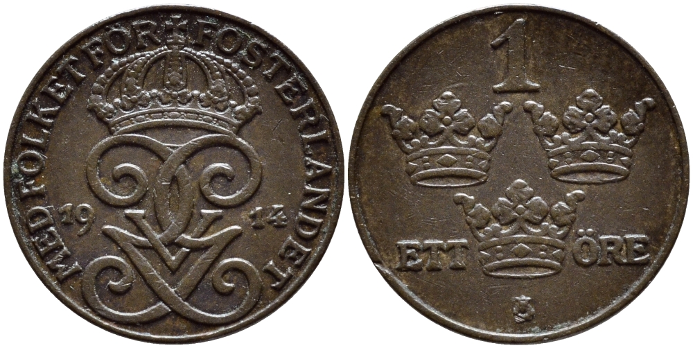 Швеция 1 эре 1914 открытая 4, Густав V (1907-1950) KM 777.2 бронза 4396-216