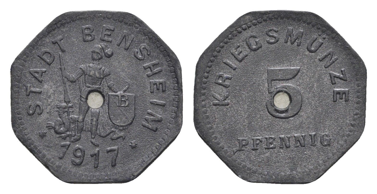 Бенсхайм 5 пфеннигов 1917 Funck 34.2A, Men05 1739.2, Men18 2245.2 цинк 4516-353