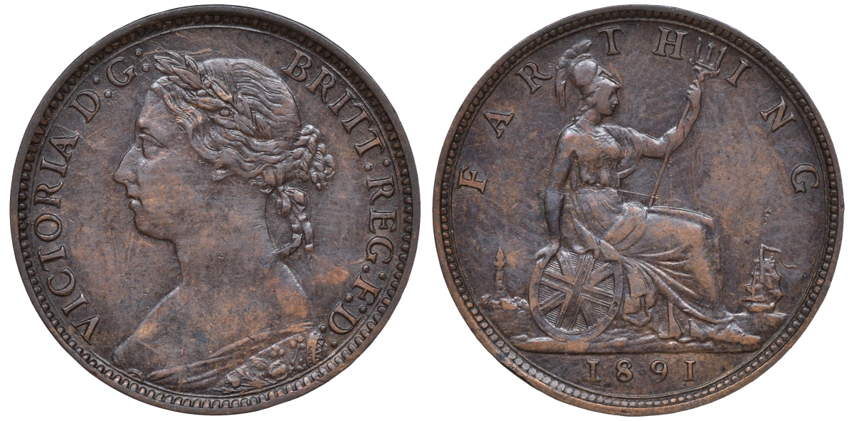 Великобритания 1 фартинг 1891 Виктория (1837-1901) KM 753, Spink 3958 бронза 4609-1033