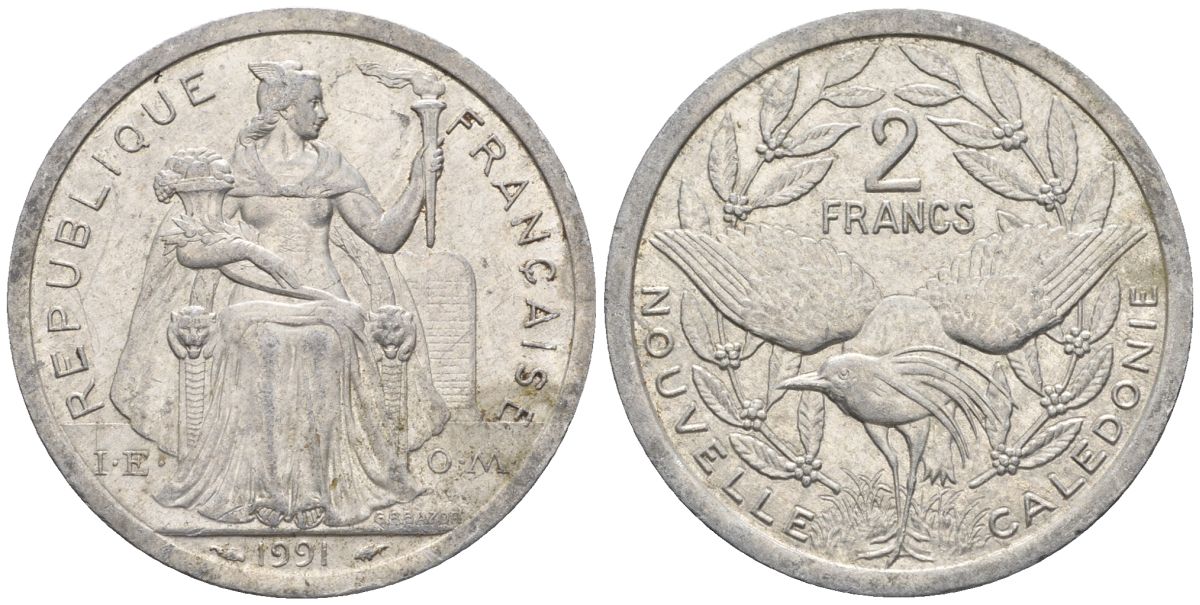 Французская Новая Каледония 2 франка 1991 птица кагу, (IEOM) KM 14, Schoen 11, Lec 67 алюминий    27-1221