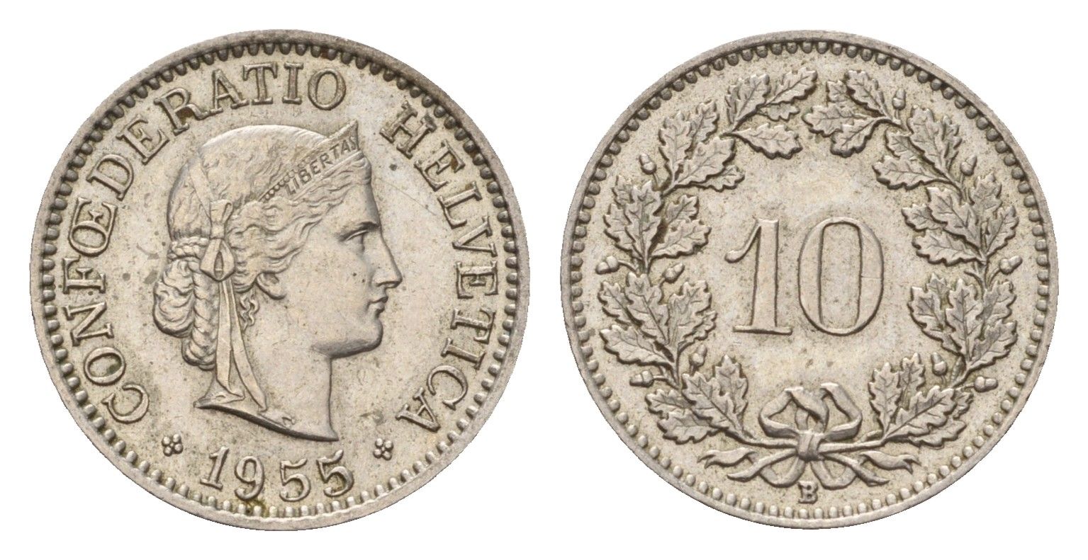 Швейцария 10 раппенов 1955 B KM 27 медно-никель 187-463
