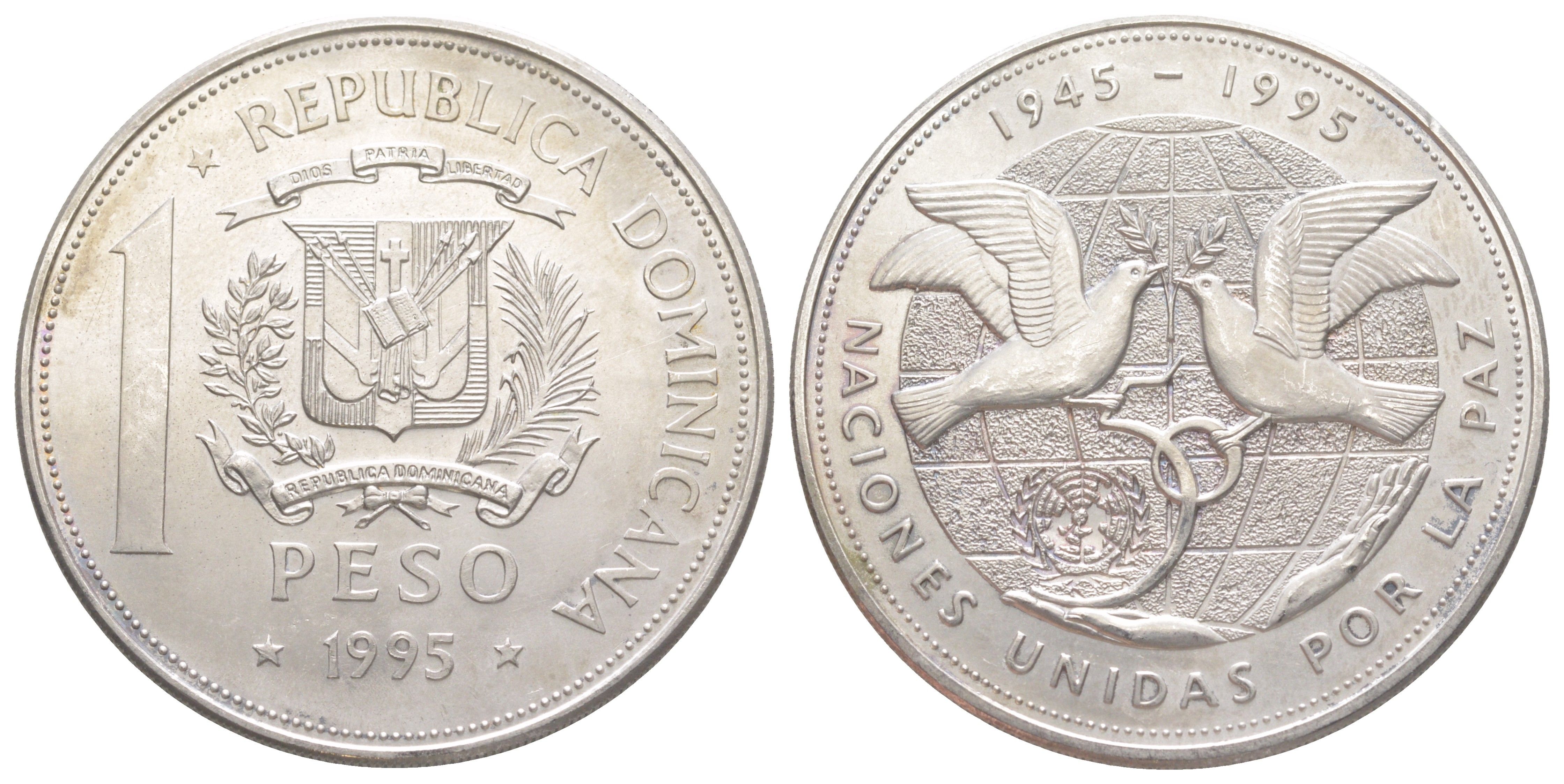 Доминиканская Республика (Доминикана) 1 песо 1995 50 лет ООН KM 87 медно-никель BU 650-1223