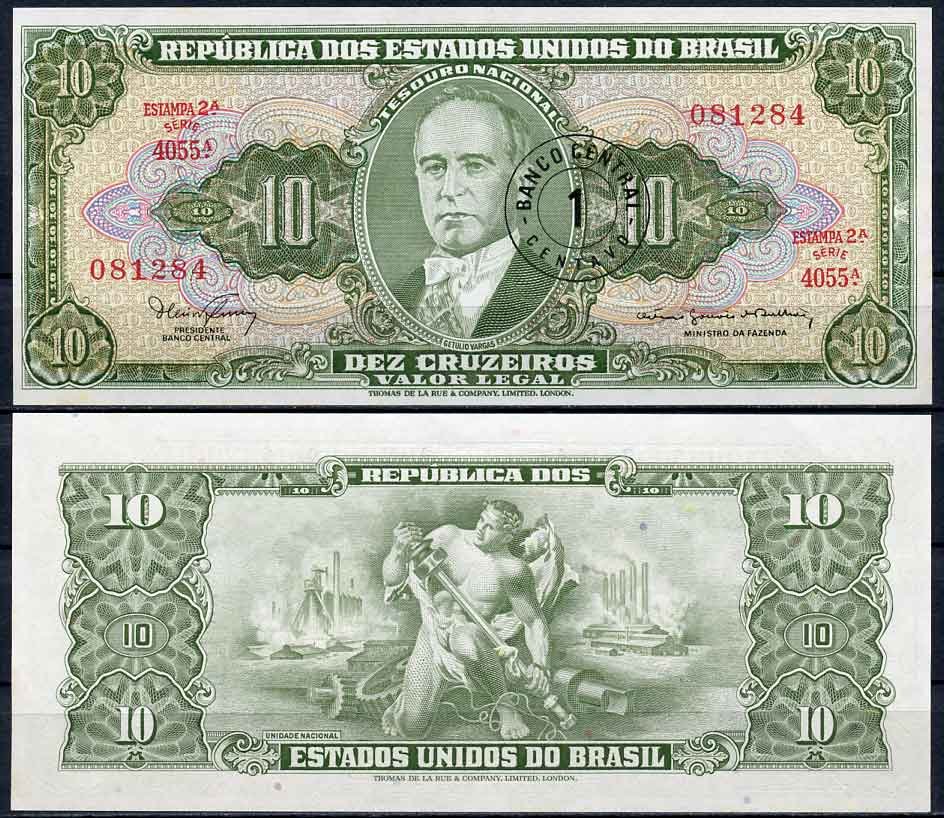 Бразилия 1 сентаво 1967 надпечатка на 10 крузейро, серия 4055, Estampa 2A, Жетулиу Варгас Pick 183 b бумага UNC (пресс) 2196-39-2-1