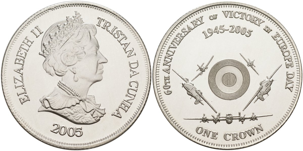Тристан-да-Кунья 1 крона 2005 60-я годовщина победы в Европе, самолёты серебро PROOF 00-00