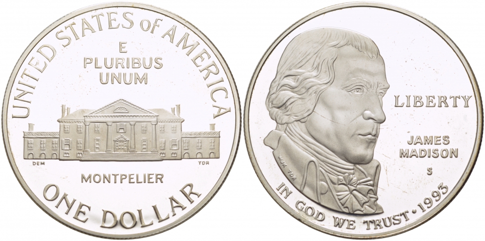 США 1 доллар 1993 S, Джеймс Мэдисон, Билль о правах KM 241 серебро PROOF 1068-1-34
