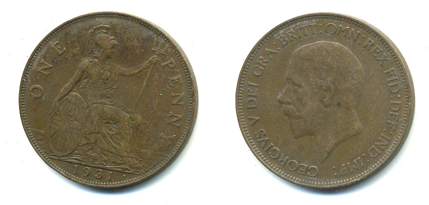 Великобритания 1 пенни 1931 Георг V (1910-1936) КМ 838, Spink 4055 бронза 4383-643