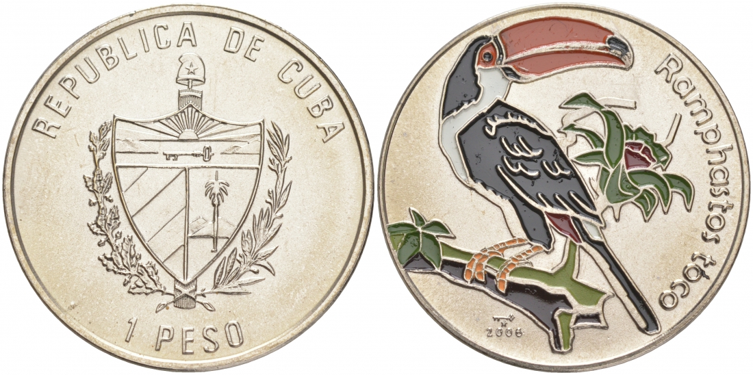 Куба 1 песо 2006 серия карибская фауна, большой тукан (Ramphastos toco), цветная эмаль KM 869 никелированная сталь UNC M27-07