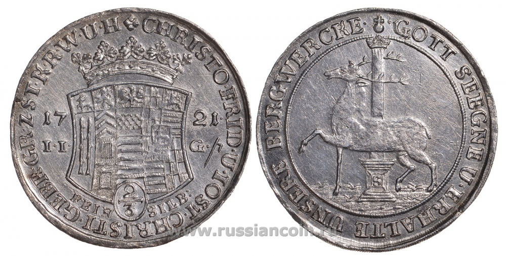 Штольберг 2/3 талера 1721 Dav. 997, Friederich 1611 серебро aUNC 00-804-68