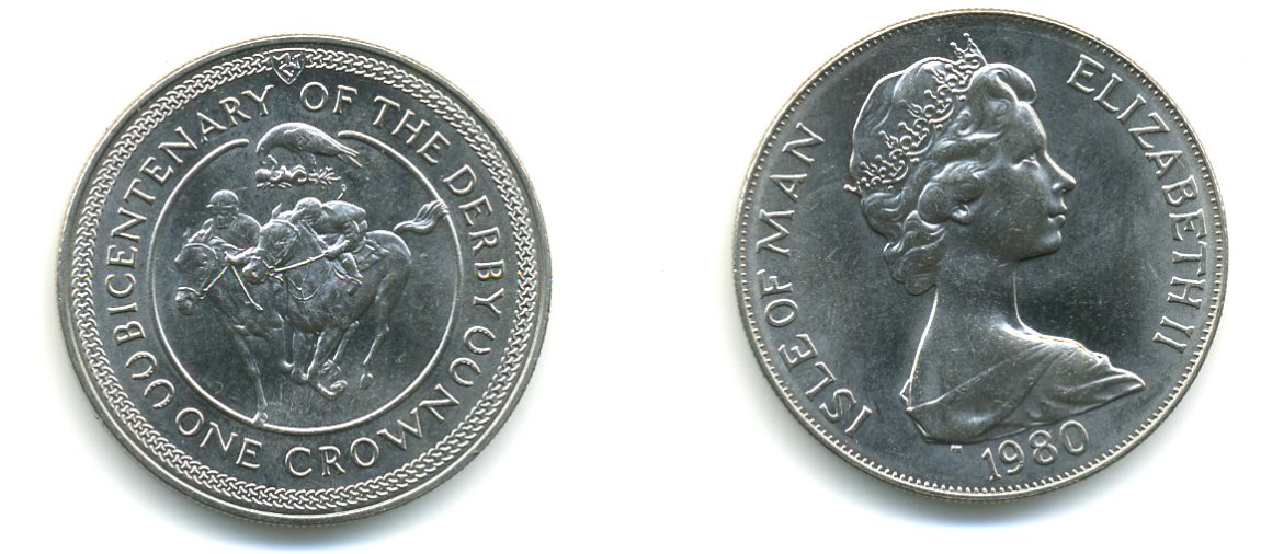 Остров Мэн 1 крона 1980 200 лет дерби, ипподромные скачки КМ 63 медно-никель UNC 58-911