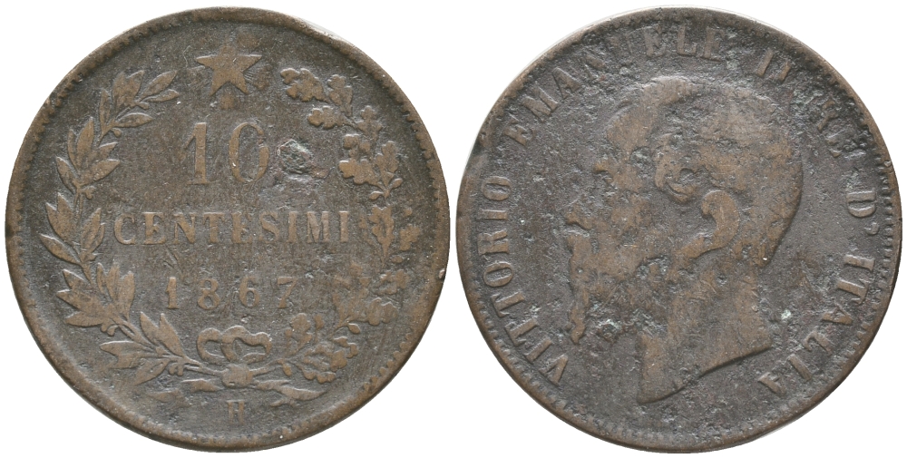 Италия 10 чентезимо 1867 H, Виктор Эммануил II (1861-1878) KM 11.3 медь 32-616