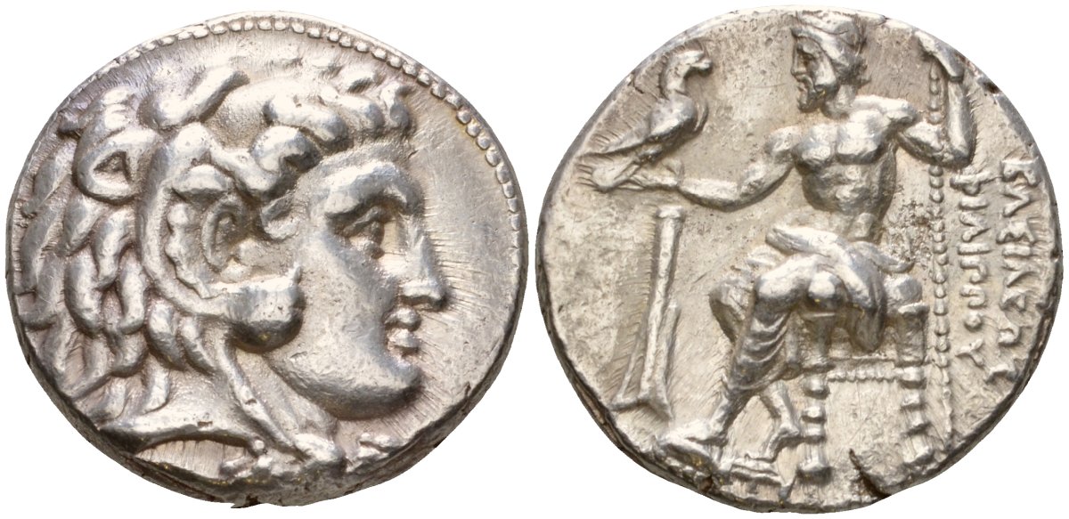 Македонское Царство тетрадрахма 323 - 315 гг. до н.э. Филипп III Арридей, голова Александра Великого в виде Геракла в львином скальпе/ЦАРЯ ФИЛИППА, Зевс на троне, держит орла и скипетр, слева корабельный руль, г. Саламин, 17,20 гр серебро 00-000-00