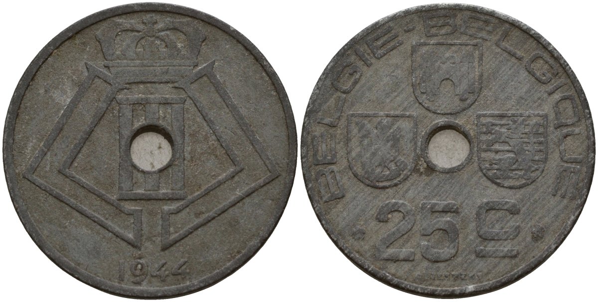 Бельгия 25 сантимов 1944 Belgie - Belgique, Леопольд III (1934-1947), германская оккупация, Вторая мировая война KM 132 цинк 4157-633