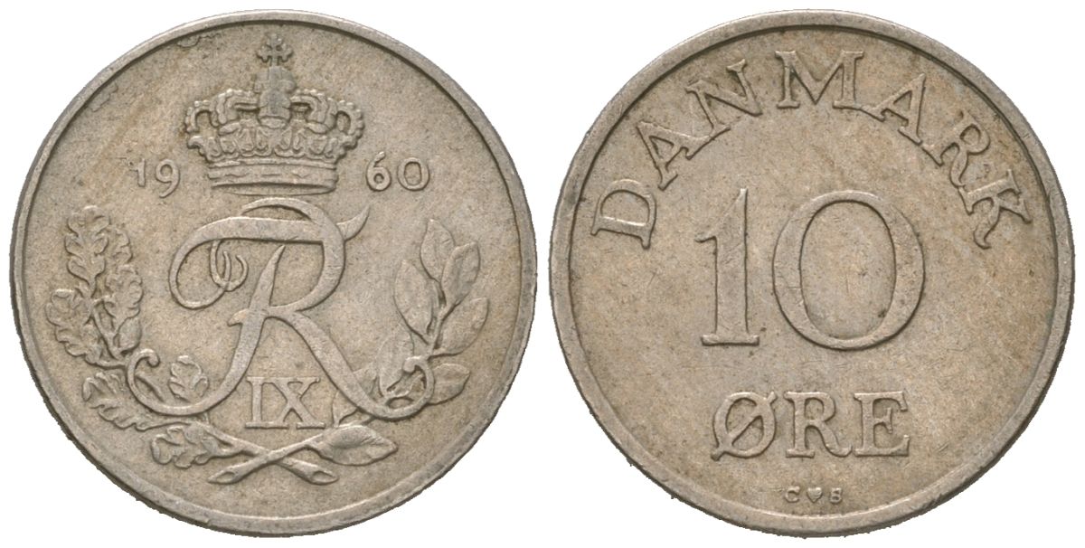 Дания 10 эре 1960 C; S, Фредерик IX (1947-1972) KM 841 медно-никель 211-263