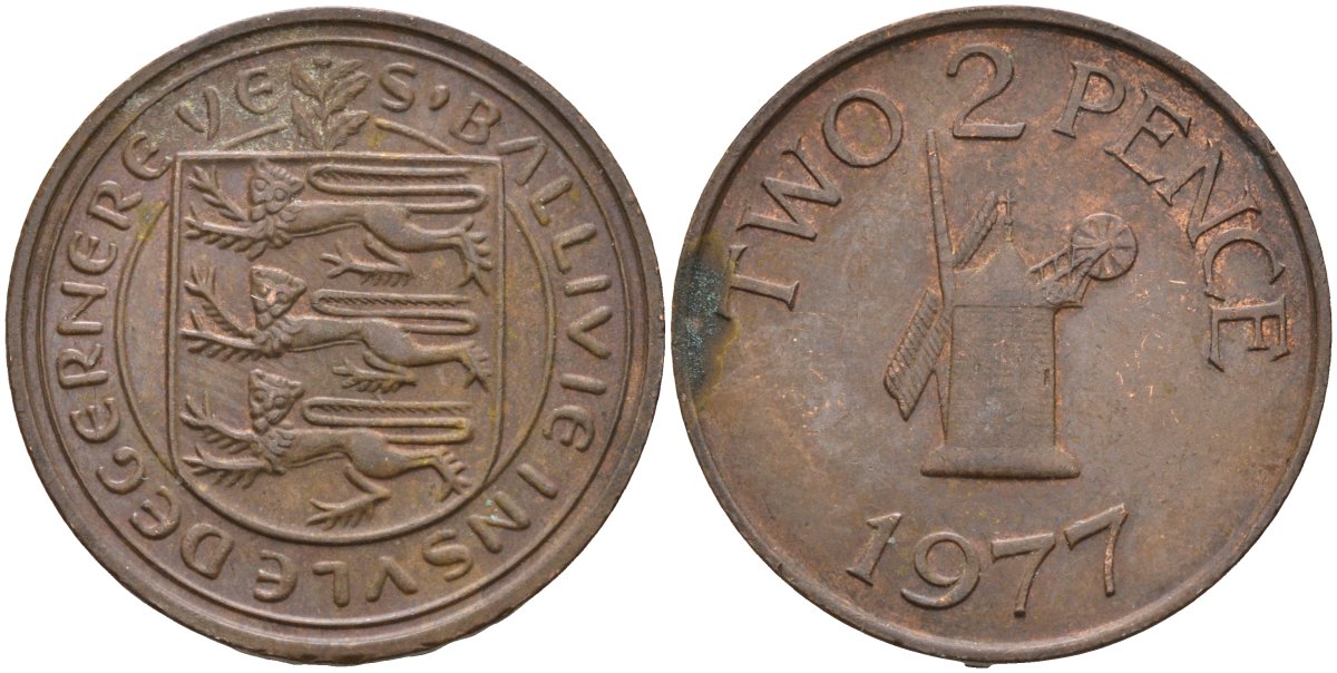 Гернси 2 пенса 1977 Елизавета II (1952-), мельница KM 28 бронза 4586-823