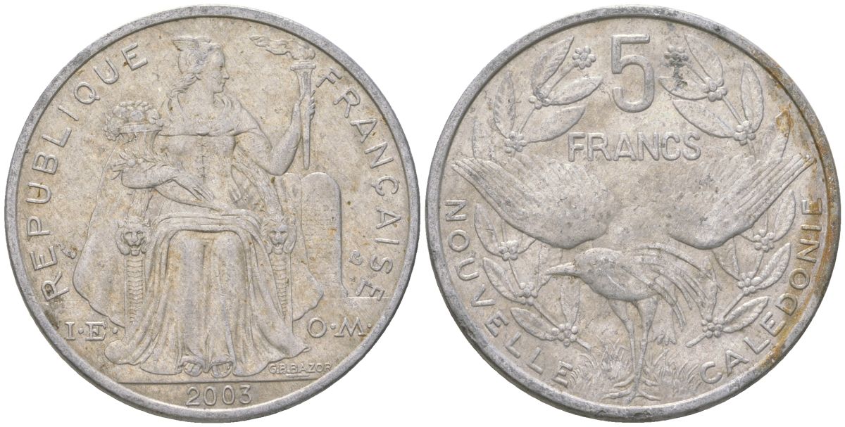 Французская Новая Каледония 5 франков 2003 птица кагу, (IEOM) KM 16, Schoen 12, Lec 81h алюминий 189-1115
