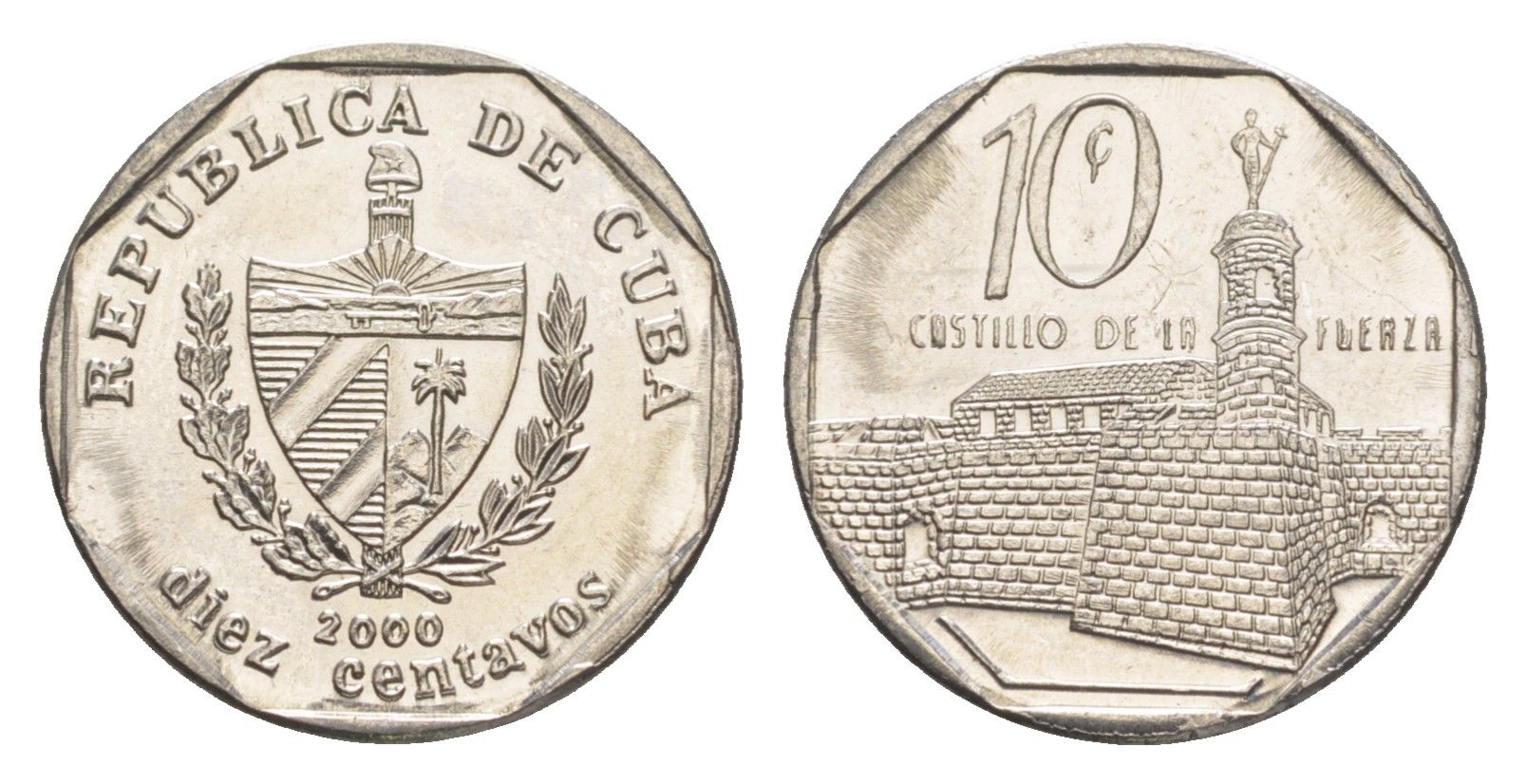 Куба 10 сентаво 2000 форт в Гаване Ла-Фуэрса KM 576.2 сталь плакированная никелем UNC 4651-526