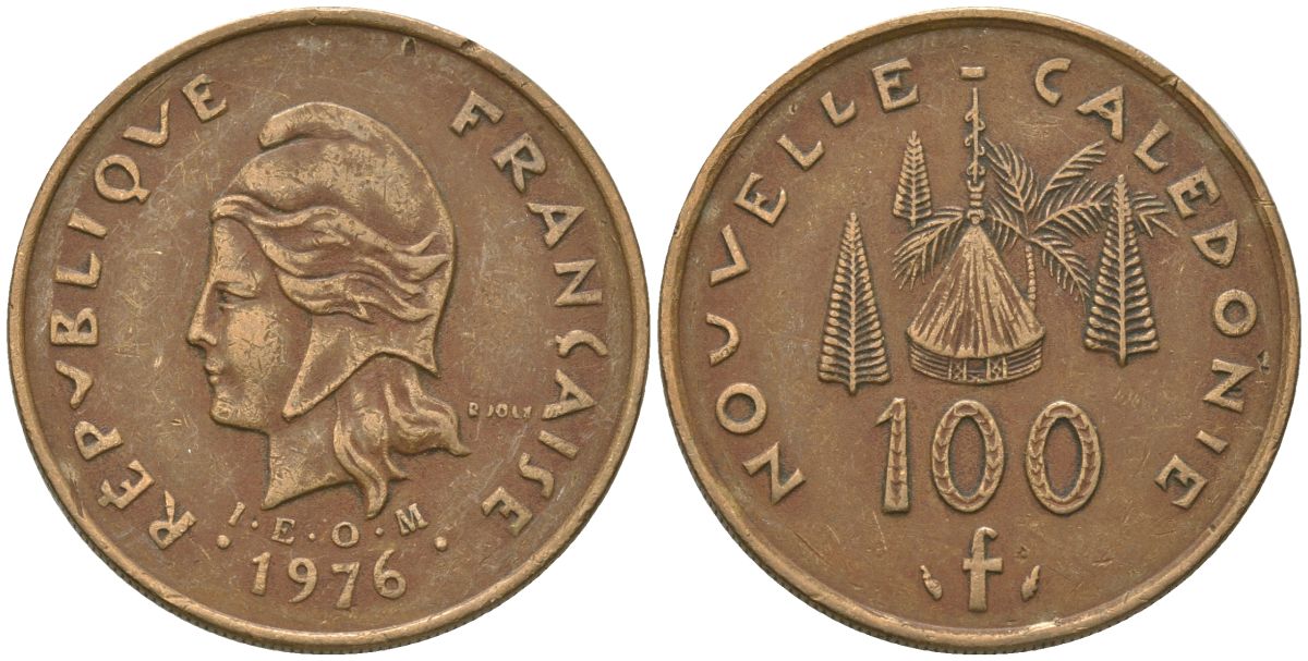 Французская Новая Каледония 100 франков 1976 хижина среди сосен и пальм, (IEOM) KM 15, Schoen 16, Lec 130 никель бронза 88-212