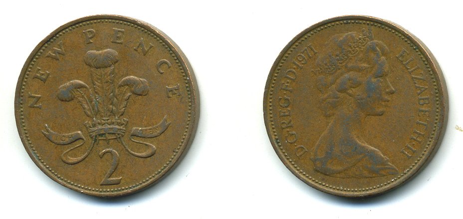 Великобритания 2 пенса 1971 Елизавета II (1952-2022) KM 916, Spink 4235 (C1) бронза 540-412