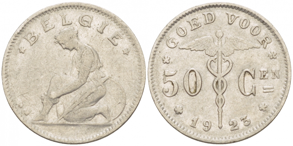 БЕЛЬГИЯ 50 САНТИМОВ 1923 BELGIE KM 88 никель 261-1652