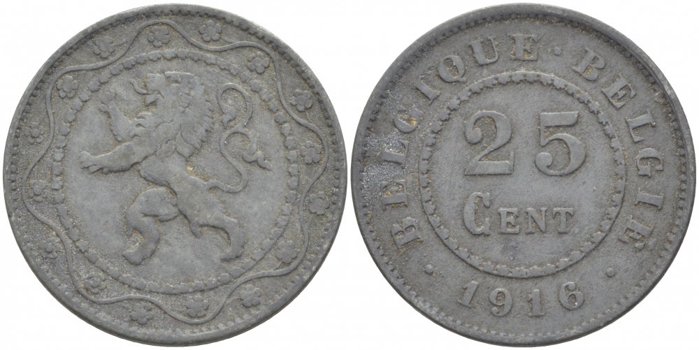 БЕЛЬГИЯ 25 САНТИМОВ 1916 BELGIQUE-BELGIE, ГЕРМАНСКАЯ ОККУПАЦИЯ, ПЕРВАЯ МИРОВАЯ ВОЙНА KM 82 цинк 87-1415