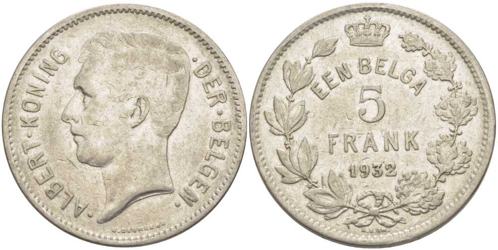 БЕЛЬГИЯ 5 ФРАНКОВ 1932 АЛЬБЕРТ I, DER BELGEN KM 98 никель 3851-413