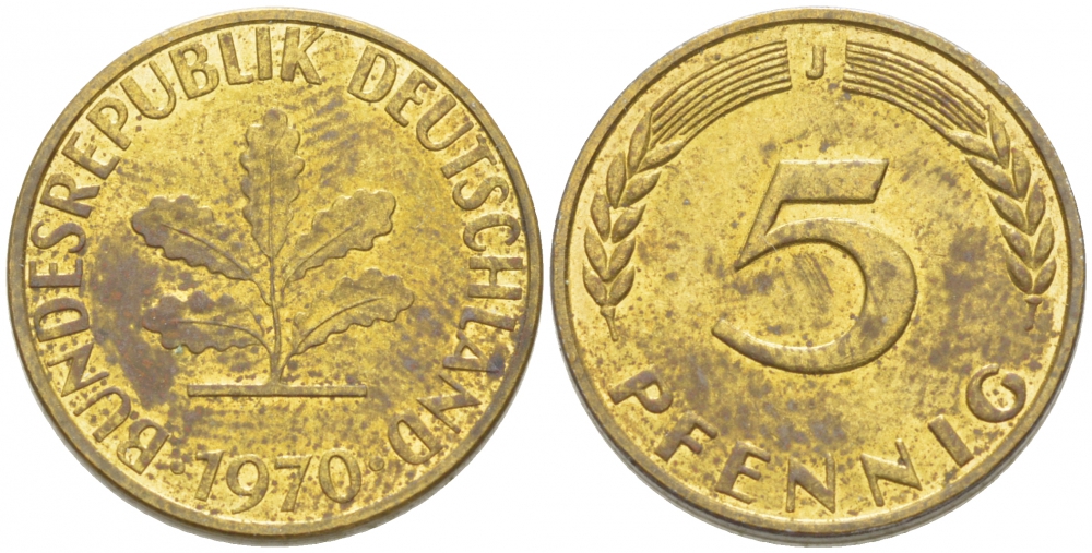 ФРГ 5 ПФЕННИГОВ 1970 J KM 107 J. 382 сталь плакированная латунью 3955-559
