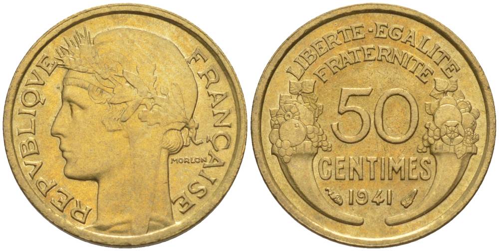 ФРАНЦИЯ 50 САНТИМОВ 1941 ТИП MORLON KM 894.1, LE FRANC 192.18 алюминиевая бронза 44-624