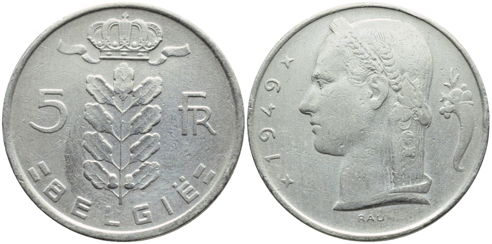 Бельгия 5 франков 1949 Belgie, Леопольд III (1934-1951) KM 135.1 медно-никель 3999-736