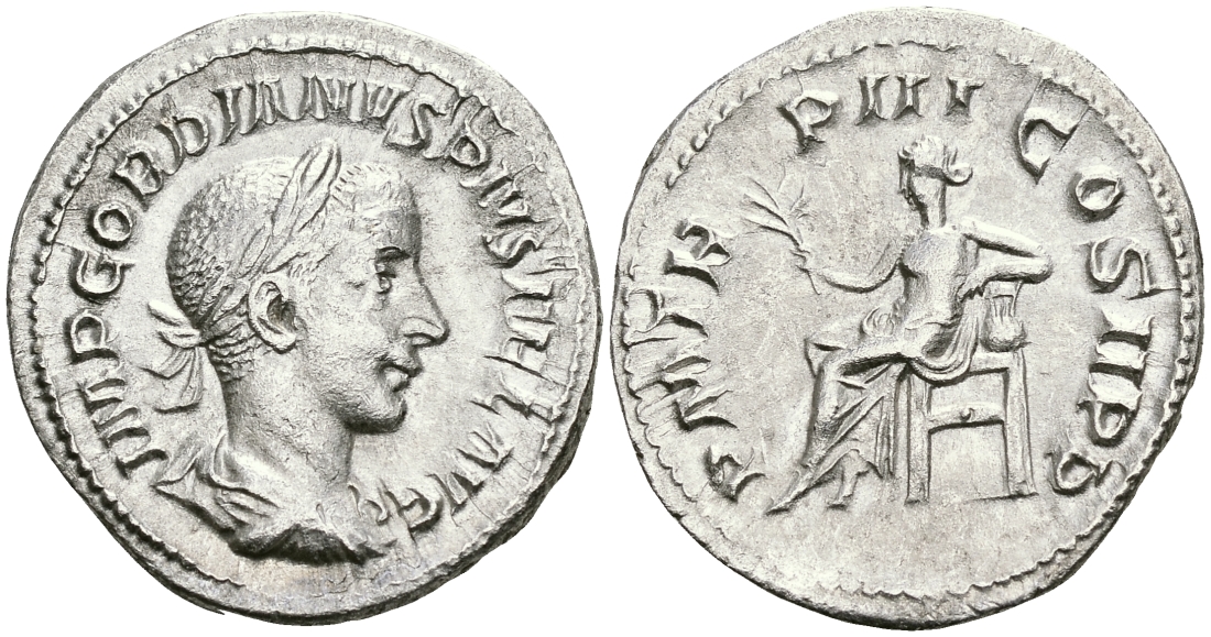 Римская Империя денарий 241 - 243 Гордиан III PM TRP III COS II PP Аполлон Рим Good Very fine RIC 114 серебро 1073-4-101