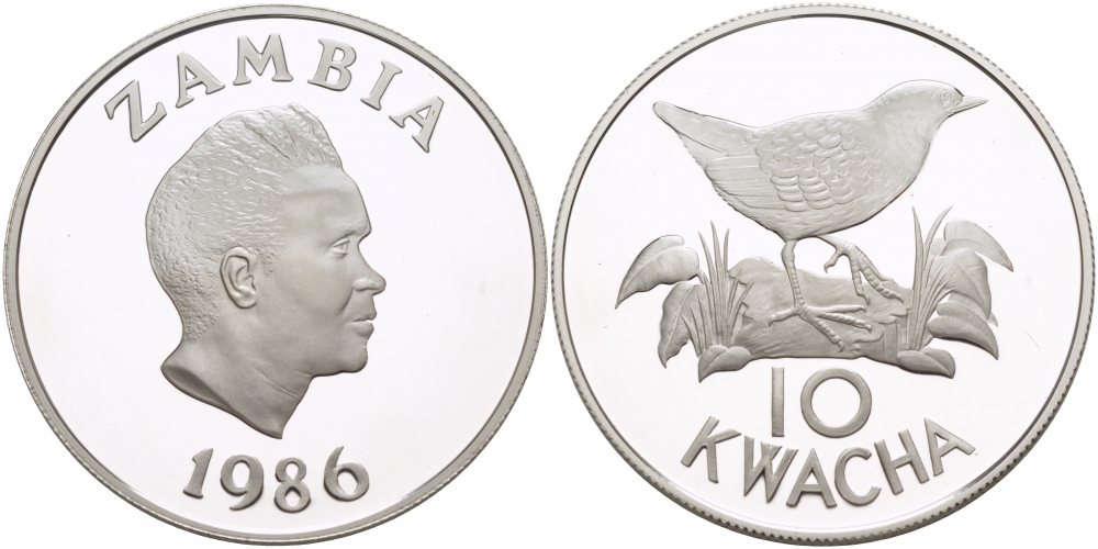 Замбия 10 квача 1986 WWF, серия защита окружающей среды, белокрылый пушистик,  тираж 25000 экз. KM 25 серебро PROOF 02-224-33