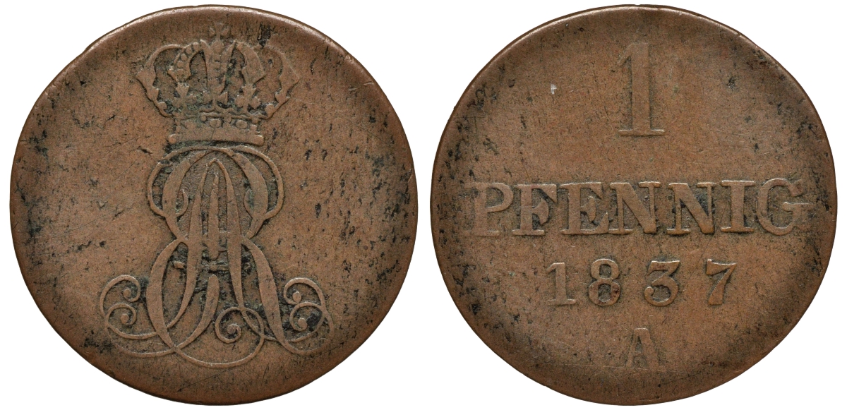 Ганновер 1 пфенниг 1837 A, Эрнст Август (1837-1851) KM 173.1, AKS 126, J. 54 медь 75-516