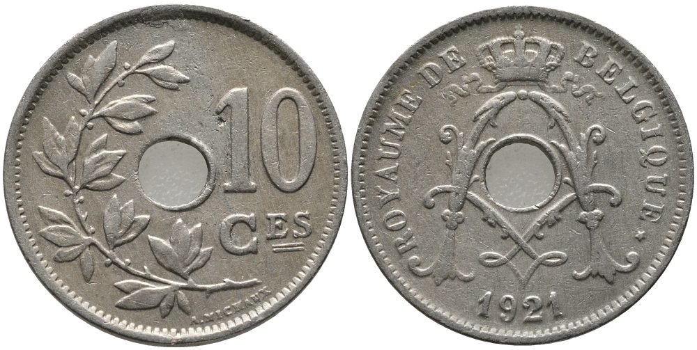 БЕЛЬГИЯ 10 САНТИМОВ 1921 BELGIQUE KM 85.1 медно-никель 4380-356