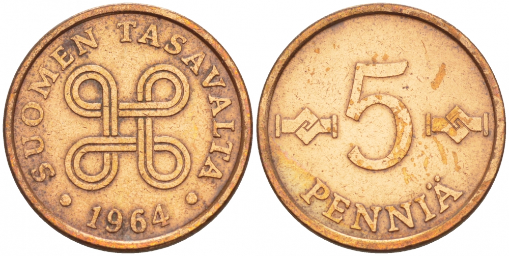 ФИНЛЯНДИЯ 5 ПЕННИ 1964 KM 45 медь 4547-1031