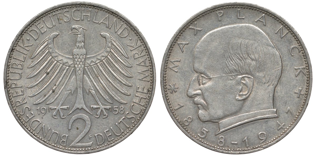 ФРГ 2 марки 1958 F, Макс Планк KM 116, J. 392 медно-никель плакированный никелем 72-141