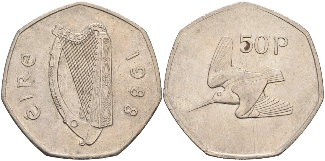 Ирландия 50 пенсов 1988 ВАЛЬДШНЕП KM 24 медно-никель 88-645