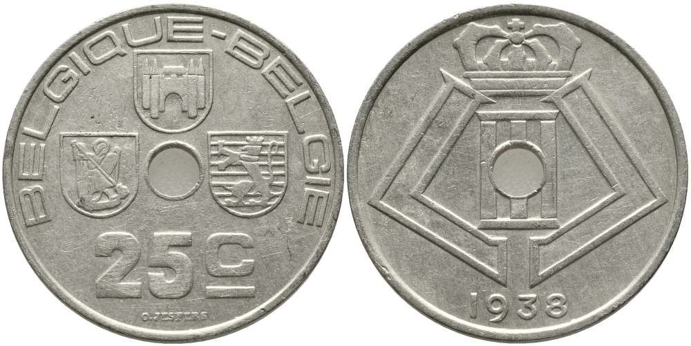 БЕЛЬГИЯ 25 САНТИМОВ 1938 BELGIQUE-BELGIE, ГЕРМАНСКАЯ ОККУПАЦИЯ, ВТОРАЯ МИРОВАЯ ВОЙНА KM 114.1 никель латунь 94-831