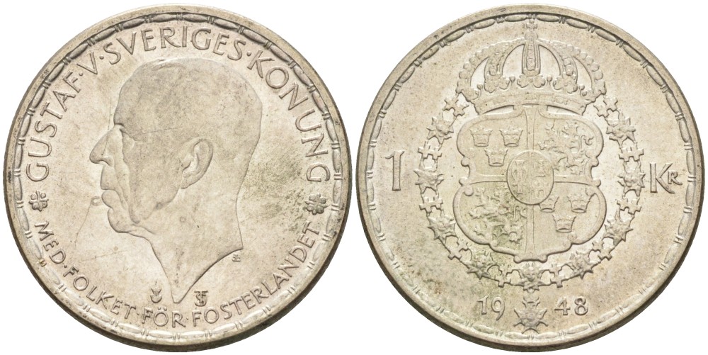 Швеция 1 крона 1948 TS, Густав V (1907-1950) KM 814 серебро 3851-533