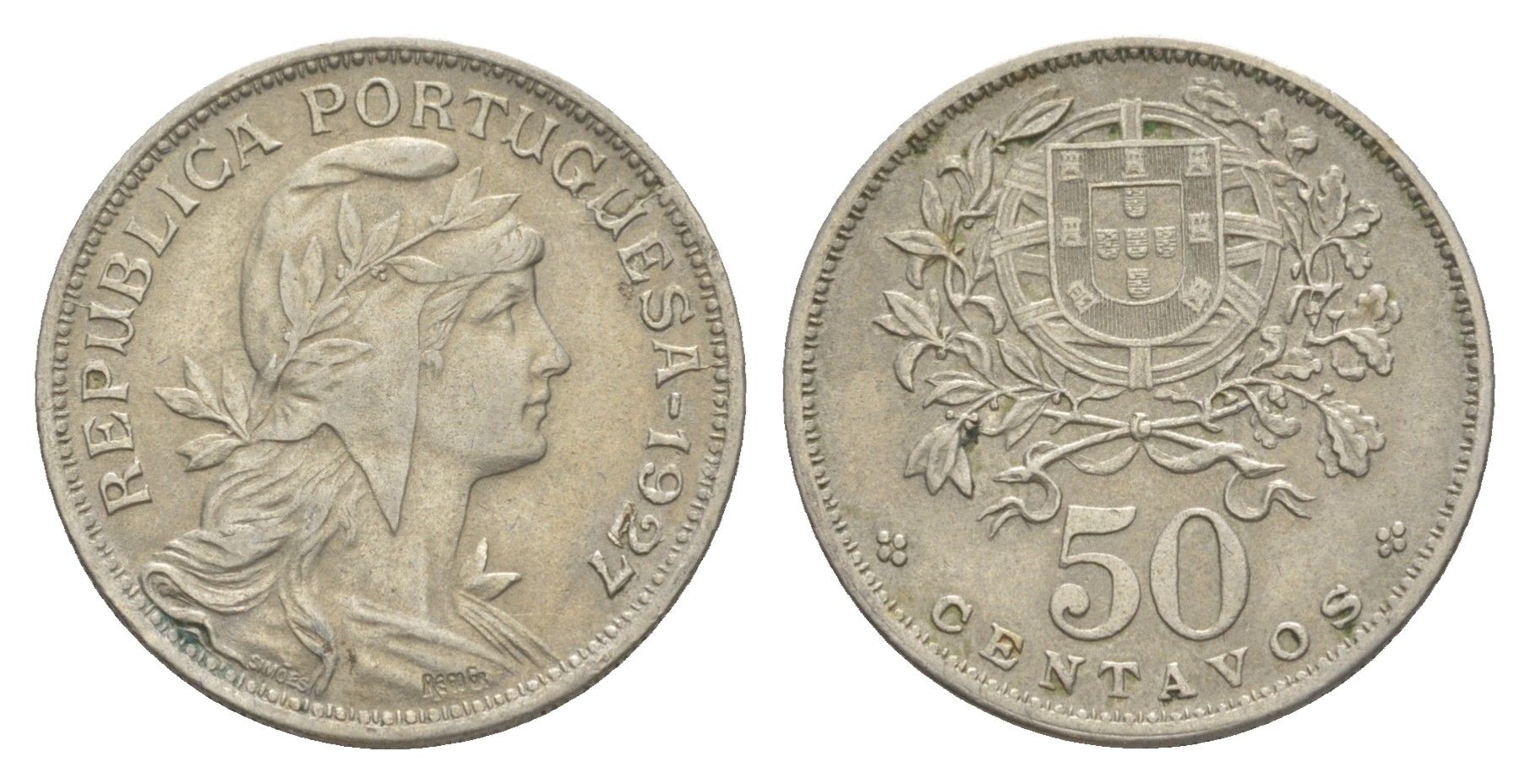 Португалия 50 сентаво 1927 KM 577 никель латунь 4127-842