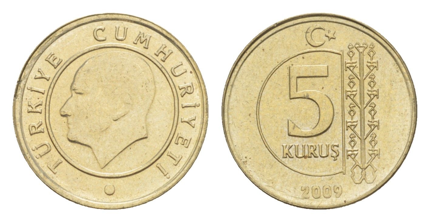 Турция 5 курушей 2009 Кемаль Ататюрк KM 1240 медь цинк никель 4647-538