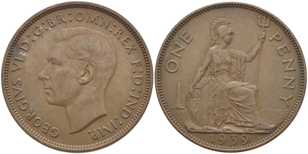 Великобритания 1 пенни 1939 Георг VI (1936-1952) КМ 845, Spink 4114 бронза 115-346